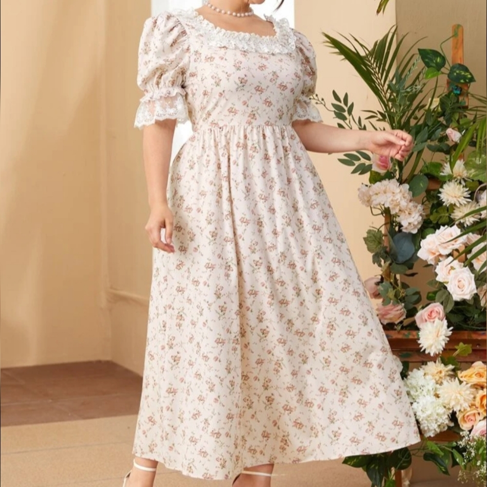 Pink Ditsy Floral Lace Ruffle Elegant Princess Coquette Bridgerton Maxi Dress